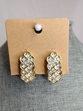Vintage Thailand Gold-Tone Crystal Lattice Clip Earrings